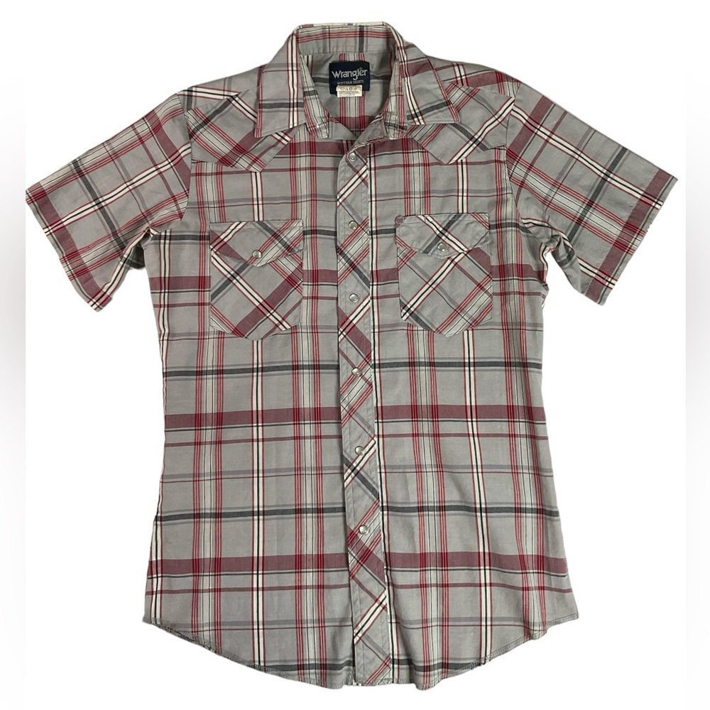 Wrangler Western Shirt Men’s Small Pearl Snap Up Short Sleeve Plaid Red Gray